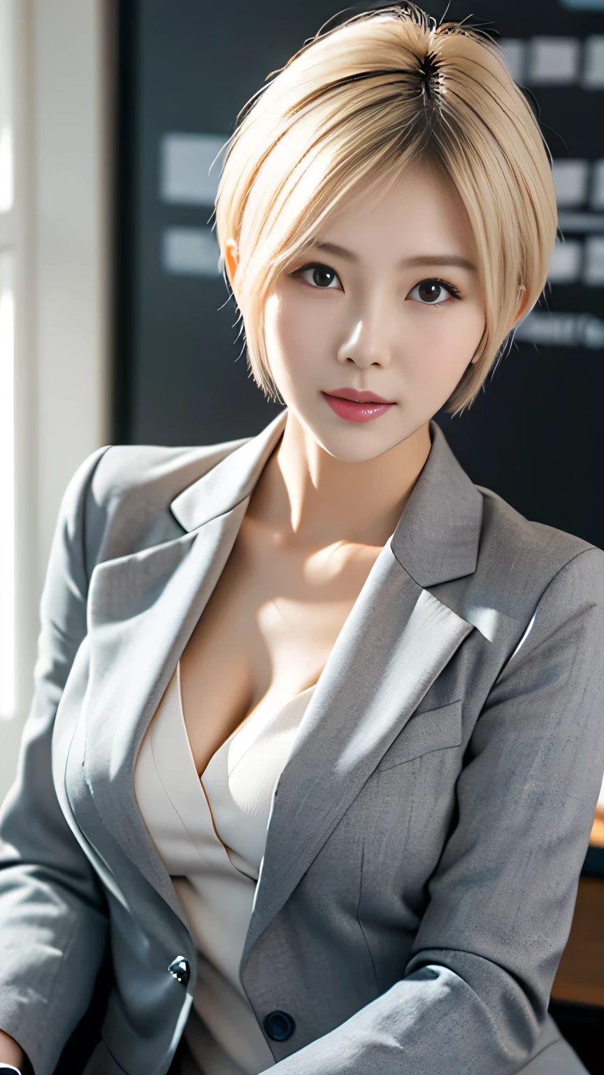 (8K, RAW Photos, Highest quality, masterpiece:1.2), Super detailed, Ultra-high resolution, (Realistic, Photorealistic:1.37), High-definition RAW color photos, Professional photos, Very delicate and beautiful, Very detailed, 8k wallpaper, (Beautiful and detailed eyes)、(Beautifully detailed face),Anatomically correct body shape, Professional Lighting,From Above,Close Up, one person,woman、Japanese、Age 28, Blonde Hair,Short Hair、 (A shy smile:1.3), Fine and beautiful skin、Skin Texture、 (Slim waist:1.2)、(E cup bust:1.21), (secretary,navy Blue,Long sleeve,suits:1.3),(mini skirt:1.25), (Emphasize the cleavage:1.1),sitting, Sharp focus、The background is a real company