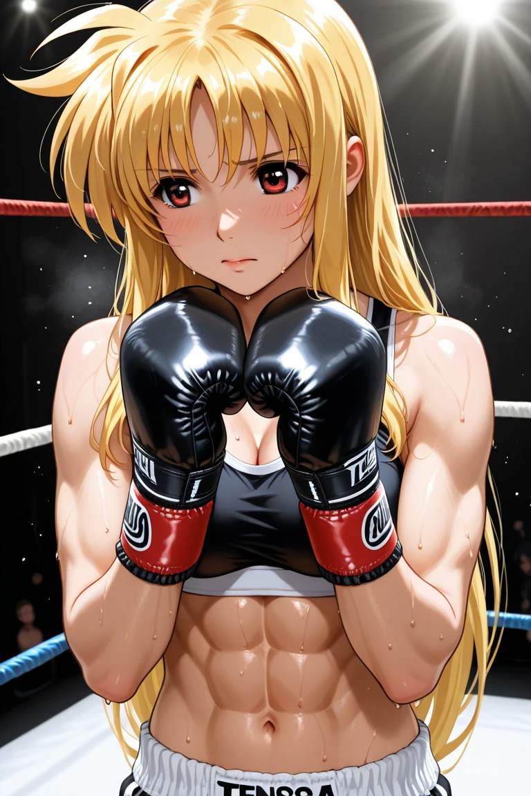 Best Quality, masutepiece,  High resolution, (Anime Heroine Illustration), Anime Paint, 1beautiful girl ,Dynamic Angle,Female boxer ,small head,Large breasts,nice legs, Glowing skin, Sweat,At the boxing venue ,Detailed beautiful face,Large eyes,detailed hairs,detailed skins,Realistic Skins,Sweat,detailed  clothes,