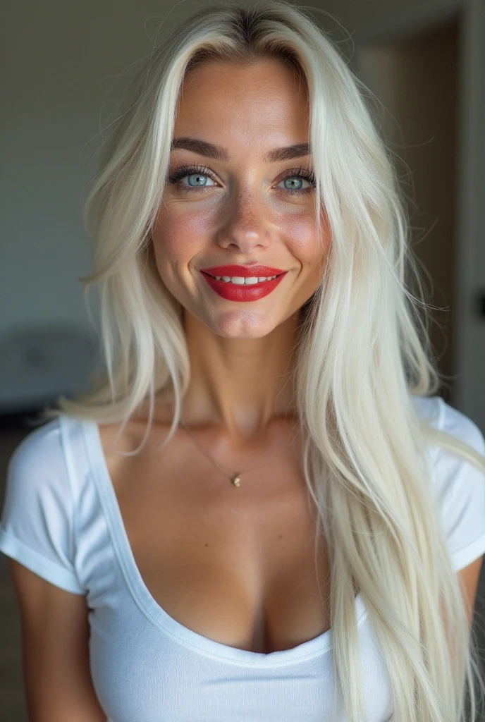 ultrarealistic high quality full body photo of a beautiful busty slim european 25-year-old woman with cute hyperdetailed shy face and dyed white long hair with red strands and shy smile , realistic round hazel eyes, natural lips, dark eye makeup with eyeliner, wearing metallic onepiece swimsuit with underboob, hourglass body, outdoor photography, tanned, nsfw