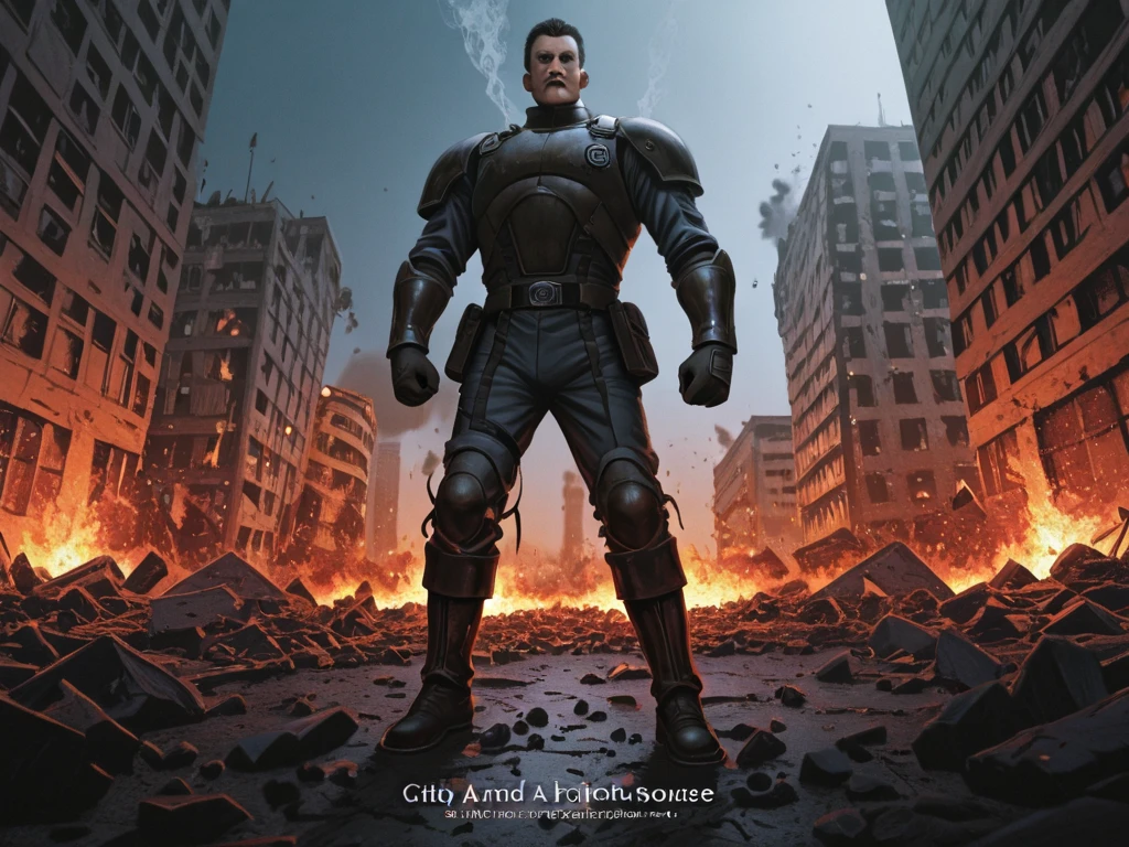 City destroyed in the 60s, realistic style, with bombed buildings, debris in streets and gray smoke rising in the background. Dark and saturated tones, dramatic lighting with fire sources. perspective from the ground, as if he were a photojournalist in a war zone. Resolution 1920x1080, without text for After Effects.