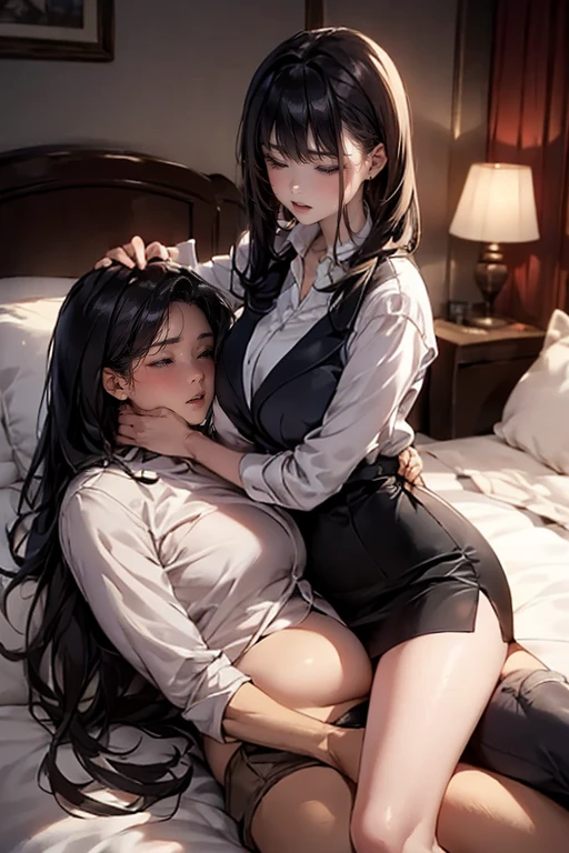 (masterpiece、top-quality、hight resolution、Unity 8k Wallpaper、extremely details CG:1), The film describes a scene where two women are about to begin a lesbian sexual act together at the side of a bed in a private room. The young woman, nervous for the first time, is being coached by an experienced lesbian senior. The senior gently touches the young woman's body and gently teaches her lesbianism. The intimate setting accentuates their loving relationship and shows the young woman's desire for the unknown and pleasure from her senior. nsfw