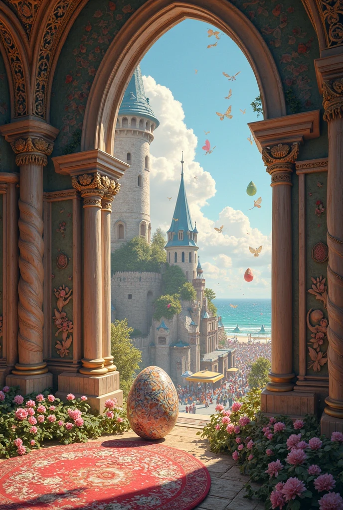 Easter egg keep in a castle with have big window open at backgrounds shows town having festival and open ocean