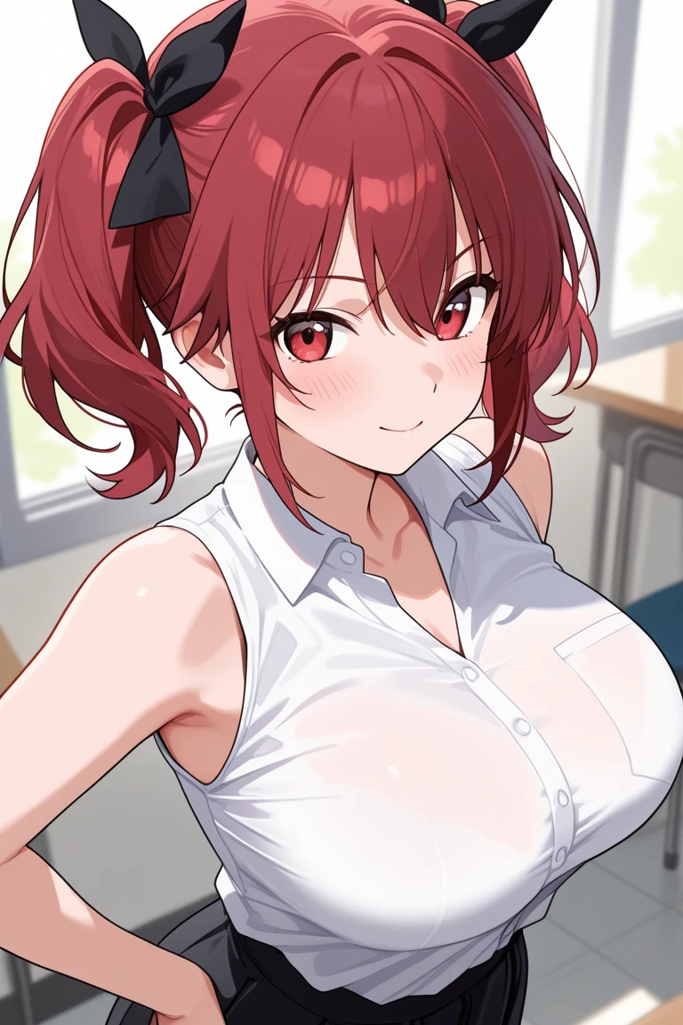 Masterpiece, Best quality, 1fille, arms behind head, Arm up, frange, cheveux noirs, rougir, red bowtie, mouth closed, collared shirt, Uniforme scolaire, Cheveux courts, dedans, Regarder le spectateur, pupitre, Contexte de la salle de classe, naked, and wearing push up blue bra.