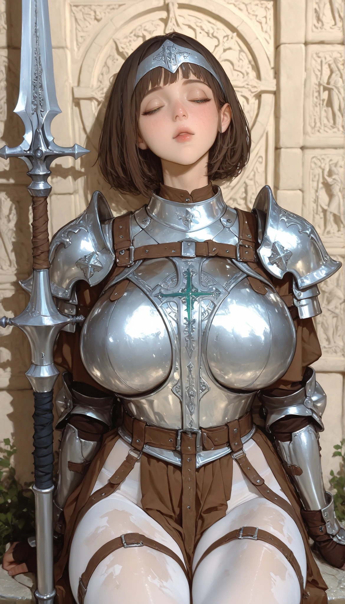 A Female,SOLO,Slim body,Huge Oppai, (Brown short hair),Silver Forehead Protector,Green eyes, Wearing A Silver Knight Armor,A Silver Long-handled Spear,White pantyhose, In Holy temple,Sitting on A Stone bench,False sleep,Lazy posture,UHD, SOLO, anatomically correct, masterpiece, textured skin, high details, highres, 1080P, 16k, accurate, Beautiful face, Perfect face, Highly detailed beautiful face and eyes, Attractive face, Detailed face, Delicate facial features, Detailed skin,Cowboy shot