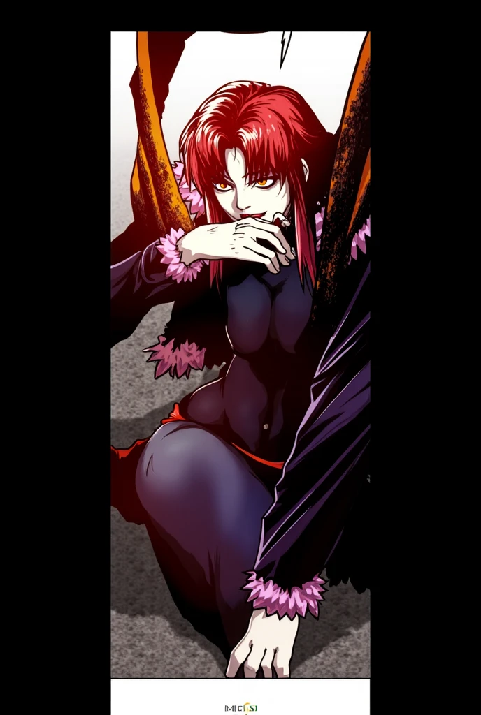Rias Gremory sitting on the bed, wearing red leggings with black stars texture, and wearing long red gloves on her arms, with a naughty face
