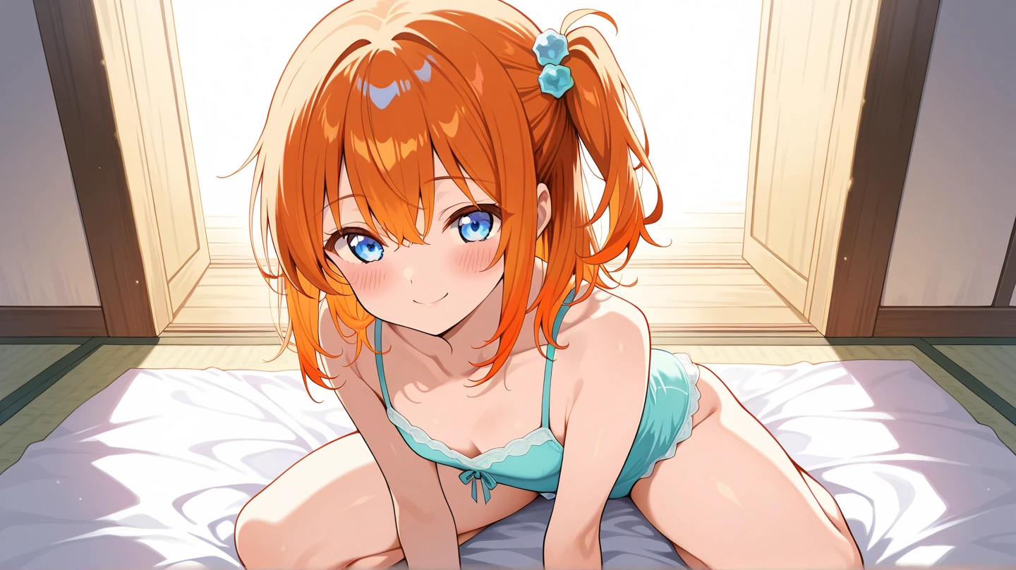 best quality, masterpiece, (very small breasts:1.3), from above, pov, barefoot, (bedroom:1.3), (student swimwear:1.5), miorine rembran, ahoge, (green eyes:1.5), orange hair, hair between eyes, (long curly hair:1.25), swept bangs,