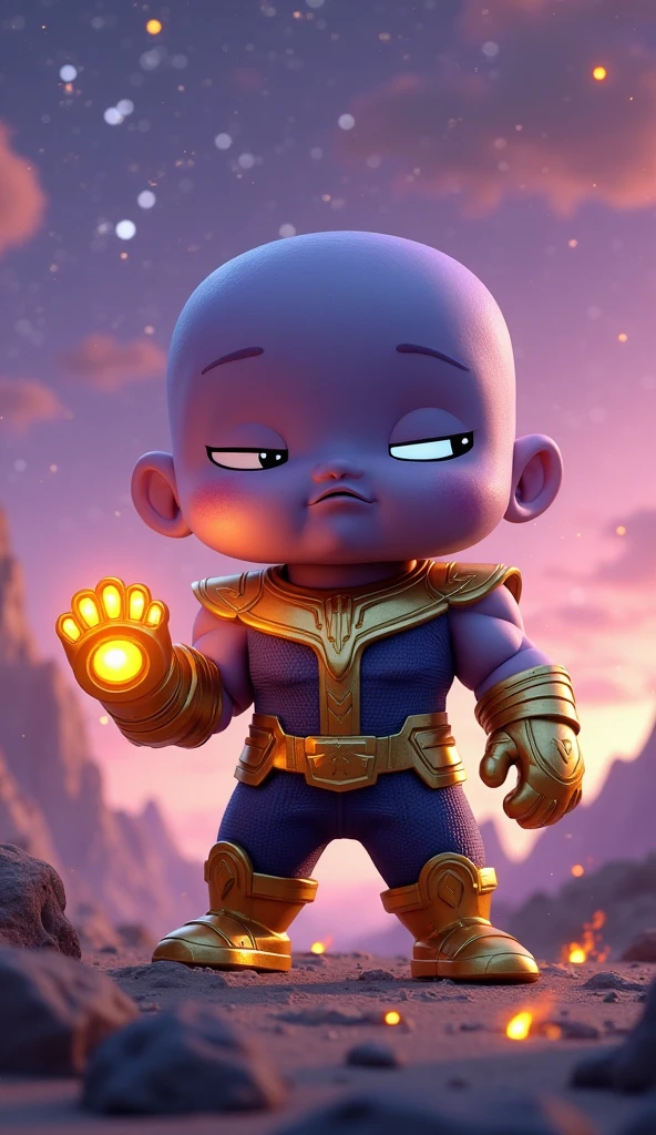 Marvel's Dark Portrait of Baby God Thanos, extremamente detalhado, futuristic cityscape, noite, glowing neon lights, smoke billowing, Sparks, Metal shavings, Detritos voadores, efeitos da energia azul, volumetric light