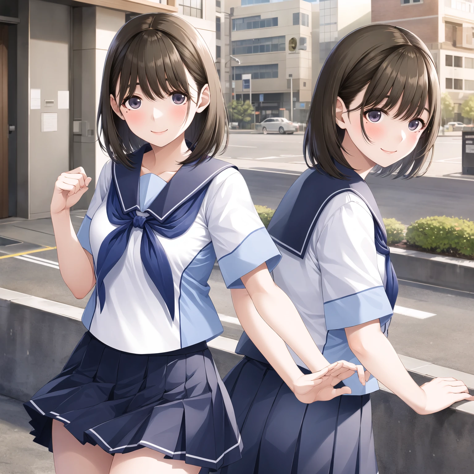 masterpiece, best quality, high resolution, Anene, short hair, sailor suits, white shirt, short sleeve, sailor collar, Blue Neckerchiefs, pleated skirt, blue skirt, standing, Cowboy Shots, Outdoors, smile