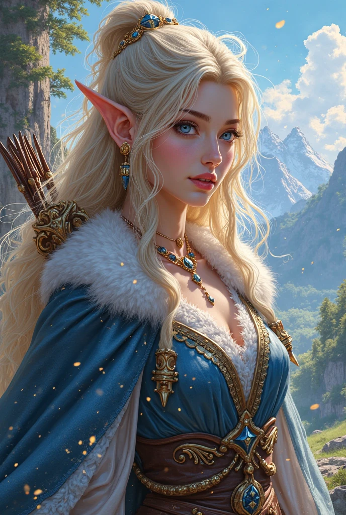 Full body portrait. A very beautiful adult female elf, wearing blue and white clothes while carrying a bow. The background is a very lively elven village. This scene is a highly detailed 3D digital art, fantasy character portrait, fantasy concept art portrait, female protagonist
