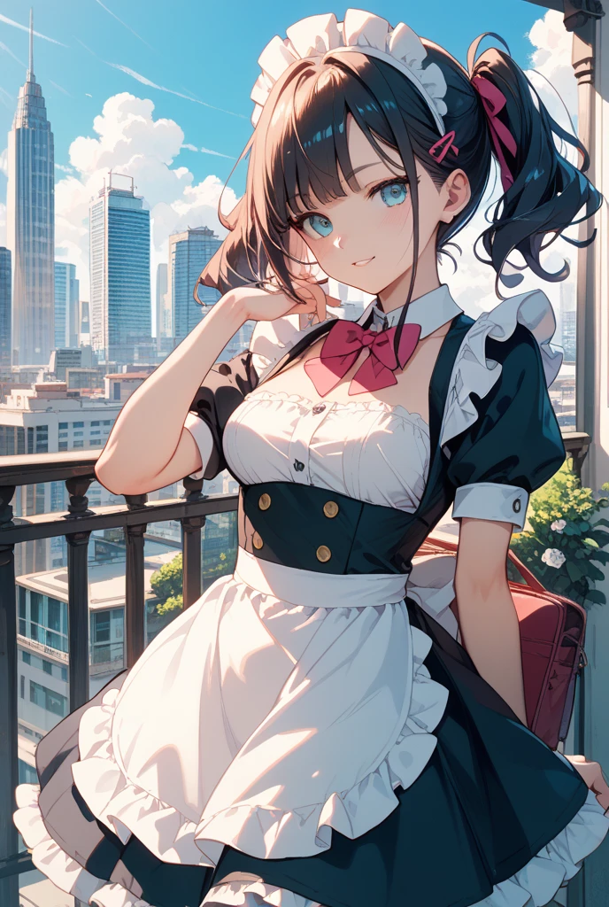 best picture quality, 8K, high quality, masterpiece:1.2), ((masterpiece)), (high detail, high quality, best picture quality), bokeh, DOF, Portrait, open stance, (cute illustration:1.2), A sleeveless female maid holding on to the train's suspension leathers on a crowded subway train, her armpits fully visible, is being watched by middle-aged men who are unaware of her presence.