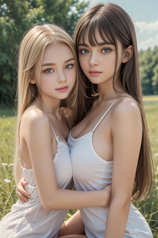 (masterpiece, photorealistic:1.4, extremely intricate:1.3), (photon mapping, radiosity, physically based rendering, ultra resolution, hyper-realistic, 8K),  supermodel, [blonde hair], white skin, Bare shoulders, blue eyes, jewely, portrait, off shoulders, (([massive round breasts])), [skin detail:freckles:0.8], tan sweater, necklaces)), happy, smiling, background outdoor forest, bokeh, sunrise, godrays, shirtlift, naughty face,