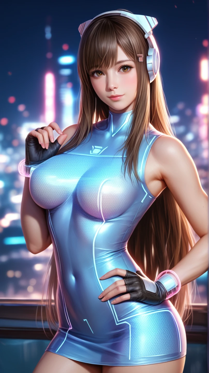 Arafe woman solo with ponytail hair、Fighting Game Fighter、Fitness Model、Big breasts about to burst、No exposed skin、Metallic Light Rainbow Combat Suit、thin and long legs,、Fitness Body Shape、half-pants、White belt、Pose ready to fight、Mischievous smile