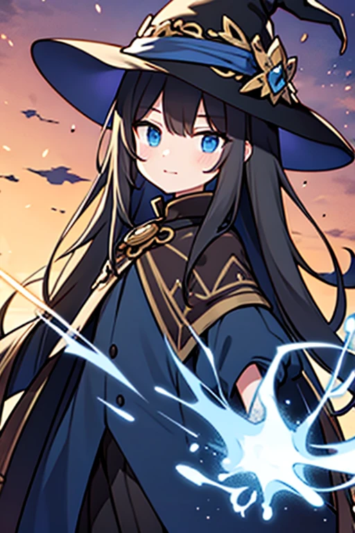 witch, young woman, blue eyes, long brown hair, blue clothes, big chest