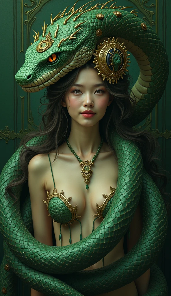 a naked Japanese girl in a watercolor painting, hair, detailed face, detailed skin, detailed anatomy, A giant snake-like eel wraps itself around her, on the swamp, from above, soft colors, vibrant colors, detailed textures, masterpiece, photorealistic, 8k, high resolution