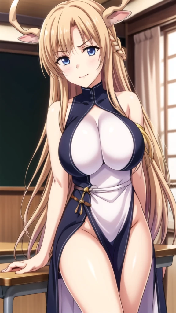 fullnude,1girl in, 独奏, Blonde_hair, spiky_Ears, Bright eye, Blue_Eyes, long_hair, Sexy mature appearance, intensegaze, 4K resolution, masterpiece, hight resolution, illustratio, extremely delicate and beautiful, ighly detailed, 上半身_Body, 鎖骨, cleavage of the breast, Medium_breasts, Thigh_Strap, fıt body, Sexy muscles, covered six pack belly, Covered_Navel, Bedroom, up looking_で_viewer, perfect hips, perfect eyes, perfect hand, Perfect fingers、perfect leg、perfect thighs、Perfectly drawn anatomy、,fullnude,You can see the female genitals in detail, Open your legs wide, Seated Pose, Hide your hands behind your body, fullnude,