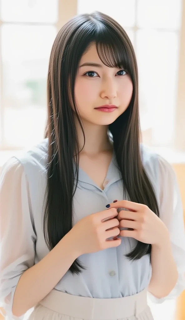 ((highest quality)), ((masterpiece)), (be familiar with), perfect face french perfect beauty　perfect french beauty face　Perfectly proportioned French girl around 。girl around 12 years oldtary school studenewitching elementary school girl ars old　A girl around 12 ye breasts and super straight lir who looks like an idol.。ght long hair that reaches down to her waist　very detailed hair　very dense skin　Neat bangs　Bangs are Hime cut. Perfect body.　big big tits　
She is studying seriously in the window seat in the classroom.。I have a pencil。I&#39;m thinking too much and I&#39;m pulling my side hair over my ears.。That gesture is super cute。she looks serious。
