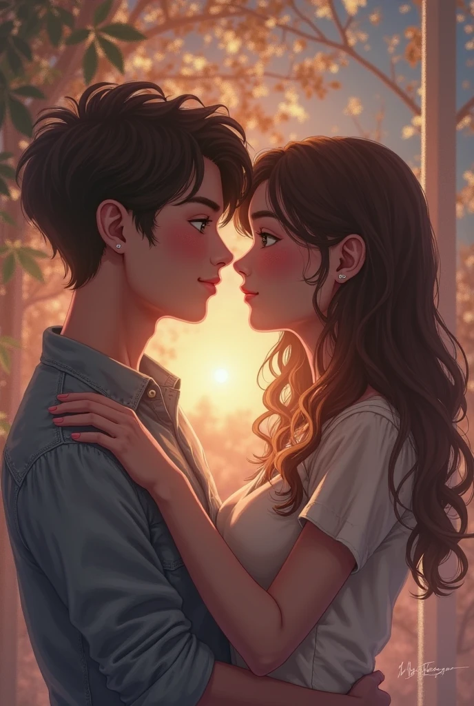 a 13 year old dark brunette teenage girl with medium curly hair kissing a tall skinny white teenage boy with short straight hair wearing a nike t-shirt 