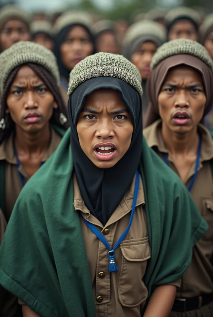 a asian muslim mother holding a bamboo cane chasing a small asian muslim child with an angry face, the running away in fear, detailed facial features, dramatic lighting, cinematic composition, moody atmosphere, high contrast, photorealistic, award winning photograph, 8k, HDR