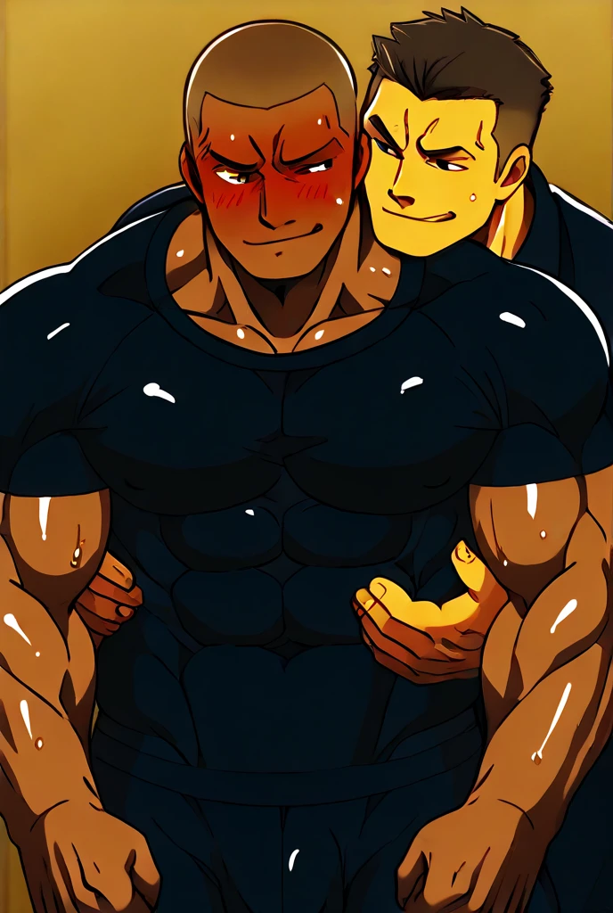 A handsome slim effeminate man with long blond hair, black skin and yellow eyes being fucked by a muscular man