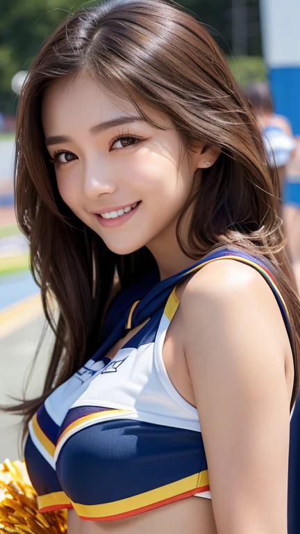 Cheerleader cheering on athletes at sporting events、Have a pom-pom、Longhaire、(​masterpiece、top-quality) 、absolutely outstanding image, very extremely beautiful、​masterpiece, top-quality,a picture, kawaii、(Colossal tits:1.2)、((18-year-old woman:1.ung adorable Japan face,8K,japanaese girl、realisitic