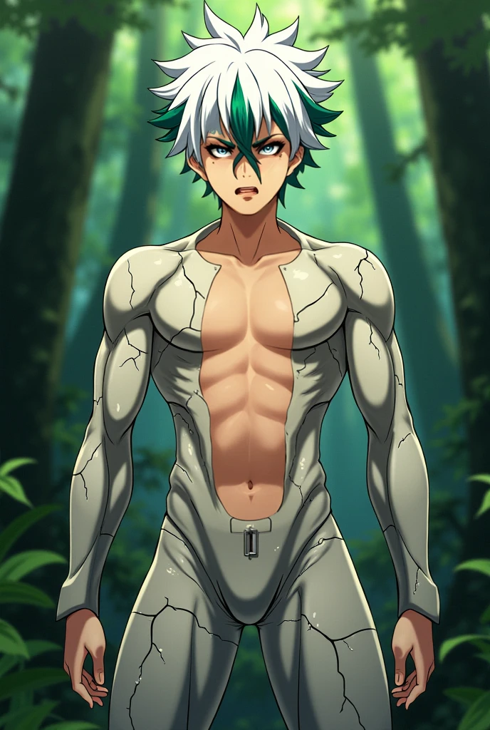 (hyper-realistic digital illustration), hires, best quality, underwater world, wide angle, swimming, athletic body, male, iridescent skin, flat chest, silver eyes, green hair styled in spikes, determined expression, bioluminescent lighting, wearing fashionable black small thong, full mast, erect bulge, erect bulge, visible through underwear , small waist, broad chest, big mane, slim scruffy, muscular