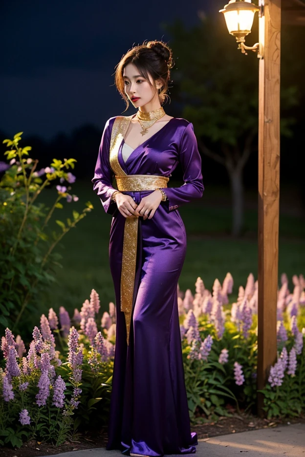 (Masterpiece), Photorealistic, Pretty 18-year-old woman, ninja, Shot Full Body, Canon F1 lens.4, (in an open yellow and purple kimono), Cute sexy, nudist, pleasure, adult body, seductive gaze, Slender Eyes, long disheleved hair, perfect anatomy, little smile, Slightly Open Mouth, (frame the head), Centered image, Prehistory of Medieval Japan, Sunset, Cinematic, dark fantasy style, Aesthetics of Japan, luminism, 16K resolution, human hands, miraculous, elegant, approaching perfection, dynamic, Depth of field, Film grain, Steve Hanks, Highly detailed, facing directly to the viewer, Stunningly beautiful, detailed hairstyle,
