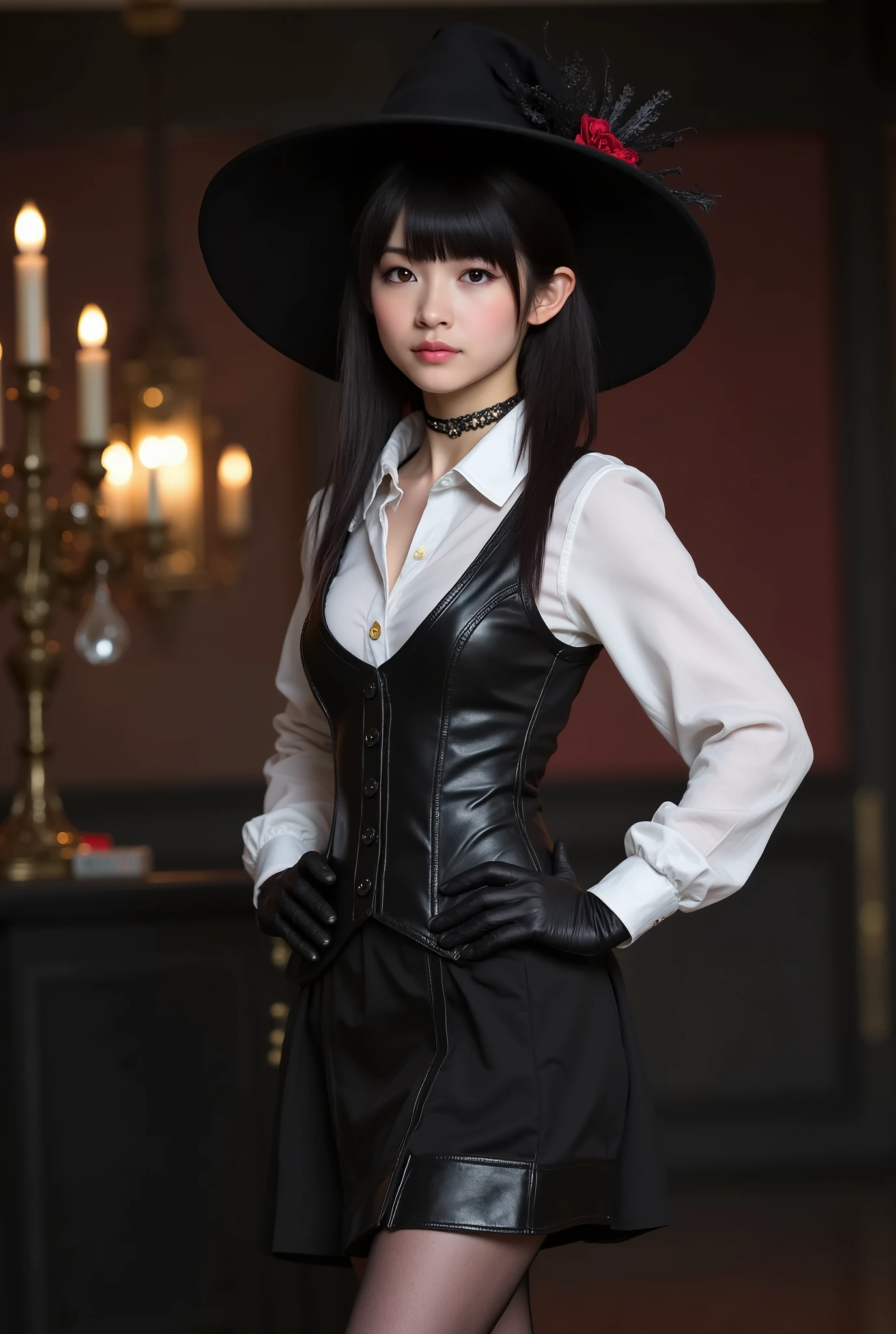masterpiece, realistic, dslr style, very detailed face, detailed clothing, Detailed fabric, (A japanese girl), ((hands on the hip)), perfectly drawn body , beautiful face, closed lip vest, (short black hair), black eyes, very detailed eyes, serious expression, detailed lips, (witch hat), choker:1.6, (long sleeve buttoned white collar shirt), black gloves, gloves that cover my hands , (black leather corset), (short black skirt), ( brown stockings), show details in the eyes, elegant room, candelabras, at night