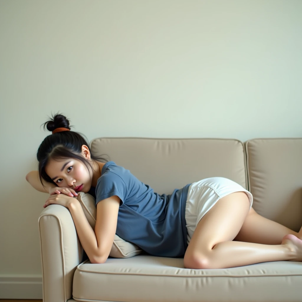 A 25-year-old woman with a thin maromba body and black hair from the front wearing very tight black and white striped panties, a full body image, She sitting with her knees apart and sitting on the floor. facing the front, She stretches her right foot to the right and her left foot to the left. perfect! Now move her feet away.
She only has 2 hands and two feet.