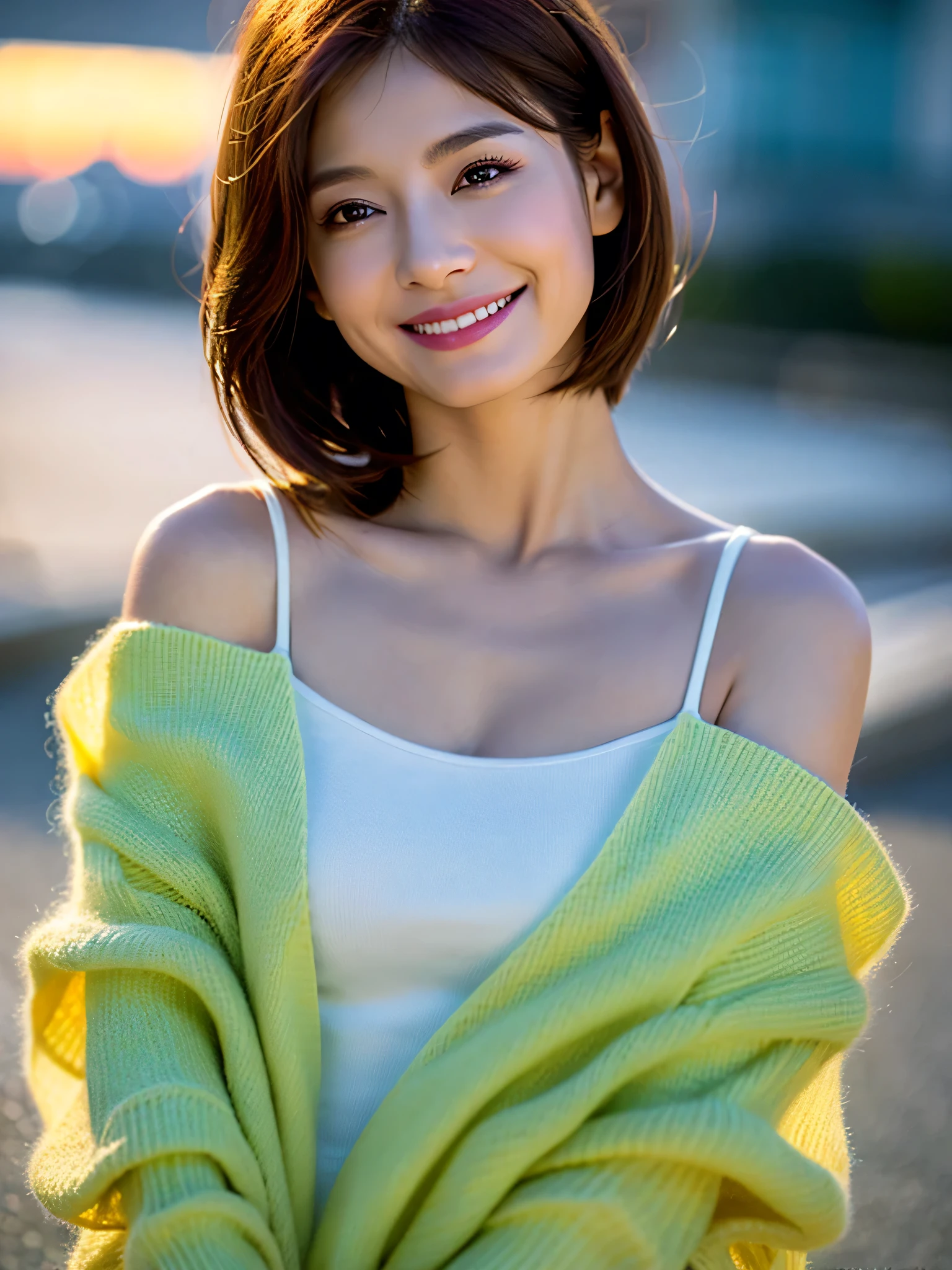 nsfw:1.5,City park in the evening、32K、Top image quality、Ochre sleeveless open-chested knit dress、no-bra、no-Panties、The body line is clear、looking at the camera with Happy smile、sit cross-legged、(Bob Hair)、extremely flat chest、No valley、slender physique、small tits:1.5、stature: 158cm,Extraordinary beauty、Beautiful face、Low Heels、Bracelet in right hand、Japanese bautiful actoress,age 30s,