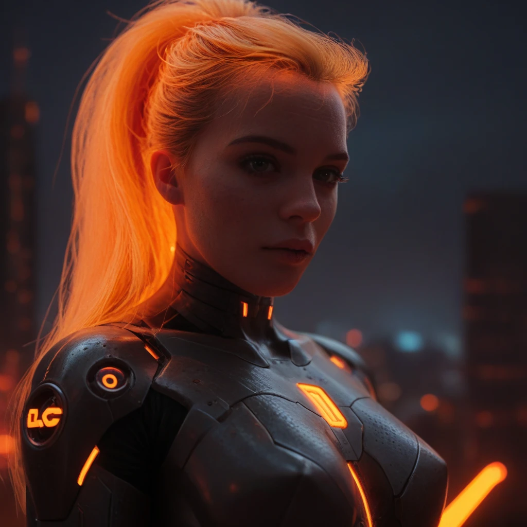 (sfw), intricate details, 1girl, night, (bright neon colors), ((flying over futuristic cyberpunk city)), detailed background, (petite cyborg girl, ((cute perfect face, bright glowing red eyes)), (perfect anatomy, perky breasts), (absurdly long gradient orange and white hair, hair blowing in the wind)), detailed ribbed impossible bodysuit, shoulder armor, cybernetic limbs, dynamic angle,