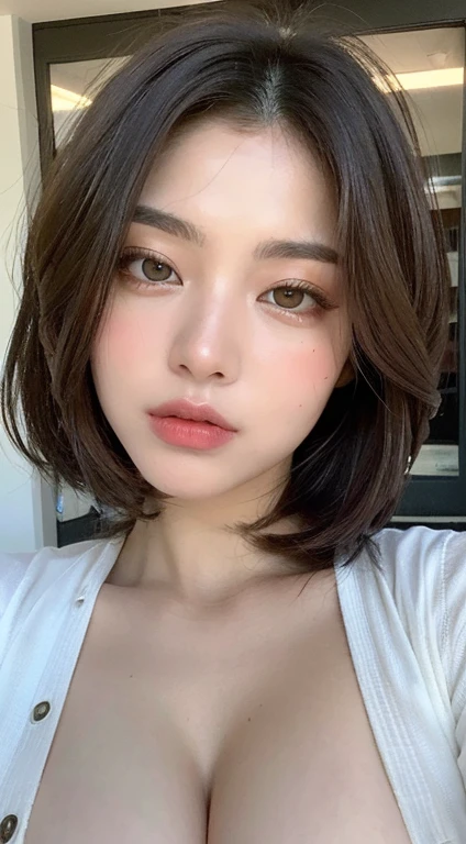 Close-up of a woman wearing brown clothes and brown hair, Korean popular makeup, Korean popular makeup, short hair, Urzan, Sexy face with complete makeup, sakimicchan, 8k selfie photos, beautiful korean woman, coral brown hair, soft makeup, Beautiful young Korean woman, korean girl, Clear lips and high quality