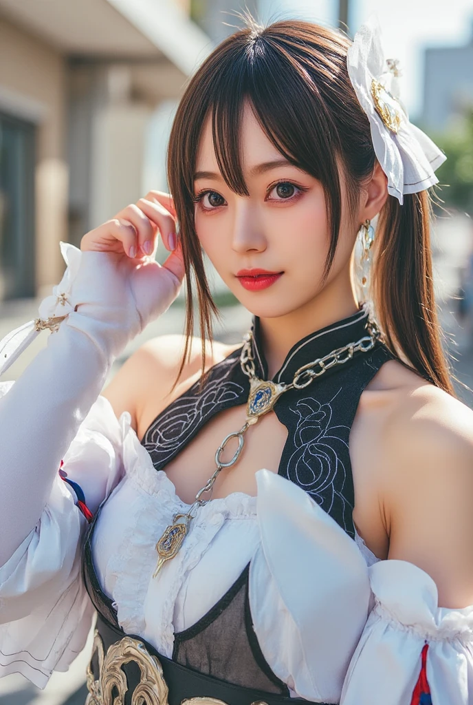 masterpiece, (photorealistic:1.5), best quality, beautiful lighting, real life, ganyu \(genshin impact\), 1girl, ahoge, architecture, bangs, bare shoulders, bell, black gloves, black pantyhose, (blue hair), blush, breasts, chinese knot, detached sleeves, east asian architecture, flower knot, gloves, horns, long hair, looking at viewer, medium breasts, neck bell, night, outdoors, pantyhose, purple eyes, sidelocks, solo, tassel, white sleeves, (ulzzang-6500:0.5) , intricate, high detail, sharp focus, dramatic, beautiful girl , (RAW photo, 8k uhd, film grain), caustics, subsurface scattering, reflections,<lora:japaneseDollLikeness_v10:1>, <lora:ganyuGenshinImpact_offset:1>