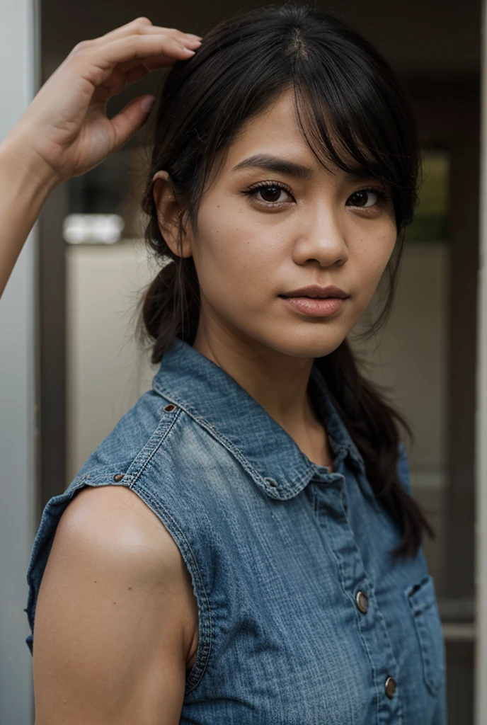 Jessica Henwick, blue overalls, yellow t-shirt, short hair, detailed facial features, beautiful detailed eyes, beautiful detailed lips, extremely detailed eyes and face, long eyelashes, photorealistic, 8k, high quality, cinematic lighting, highly detailed, realistic, masterpiece, vibrant colors, natural lighting, warm tones, beautiful background, intricate details, dynamic pose, expressive emotion