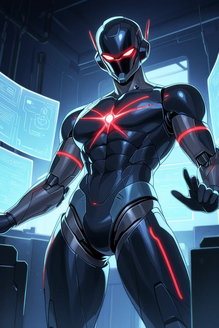 (nsfw5) (((1boy))), (((anime boy))), 20 years old, muscular body, black hair, black latex suit, black latex, skintight no zipper neck entry black latex suit, fullbody black latex suit, shoulder plastic armour, ((wearing virtual reality headset1.5)), visible eyes, ((thick cables plugged on headset)), cat ears, cyborg, latex, cyberpunk, cyberpunk hospital, (thick cables plugged on crotch1.5), red lightning, mind reprogramming, ((corruption bodysuit)), blank stare, crotch bulge, restrained, (heads-up display), wearing black lipstick, (((cables plugged into cat ears3))), (((transformation into robot3))), (((assembly line arms5))), charging port on anus, (((charging cable plugged on anus3))), visible charging, (battery percent level), docking station, robotic spine, cables plugged into spine, aquamarine suit lightning, open ring gag in mouth, (((super thick cable plugged on gag5))), progress bar on virtual reality headset,submissive pose