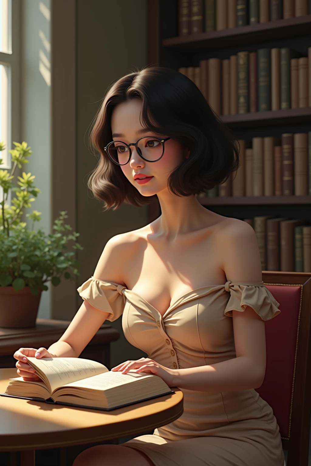 (highest resolution, distinct_image) Best quality, single person, one woman, solo, masterpiece, highly detailed, semi realistic, black short hair, hair, bangs, 25 years old, perfect housewife, mature, modern girl, very detailed and natural round medium breasts, glasses, shirt, short skirt,  reading book, in library, lots of books on the table, racks filles with books, earrings and necklace, hair ornaments, gentle, cute, blushing, gentle smile, exquisite facial features, vibrant colours, exquisite facial features, perfect body anatomy, slender but curve, cute, night time, perfect lighting, indoors, confident, elegant pose, 