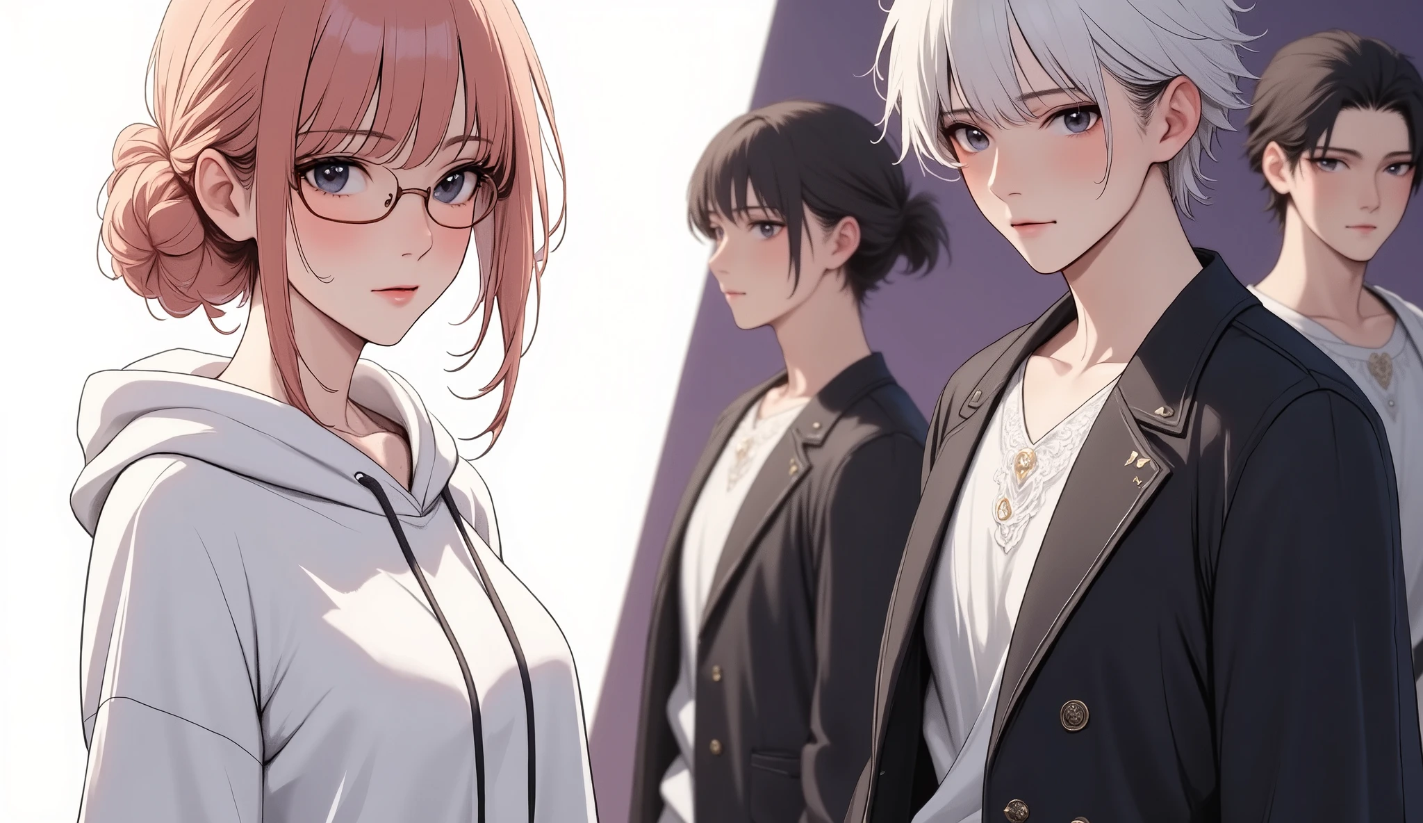 "Stylized digital illustration in anime or manhwa-inspired style. On the left side, a confident and smirking age girl with light pink-orange hair tied in a messy bun and glasses is touching her lips mischievously. She stands against a clean white background. On the right side, divided by a diagonal white line, three handsome age boys stand on a dark purple background. One has white hair and a serious expression, another with a man bun is grinning confidently, and the third, with black hair, looks angry and confrontational. The overall tone is dramatic, bold, and full of tension, with expressive faces and sharp lighting."