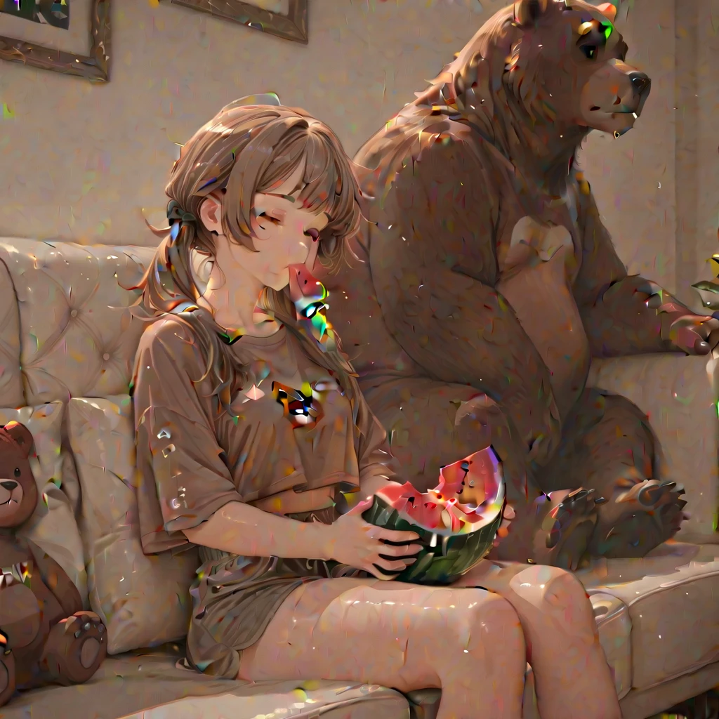 Girl in micro bikini sprinkling spices on bear meat