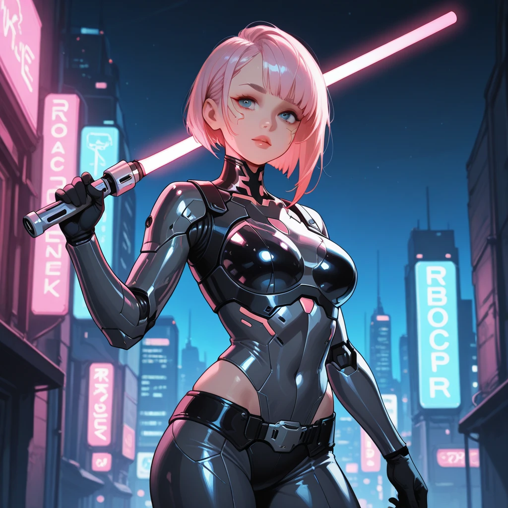Ultra-quality beauty　1 persons　fullbody image　low angles　Transparent skin　Short bob hair　A smile　Naked torn fluorescent camouflage suit　Futuristic rifle in hand　beutiful breast　Pink Upright 　Ultra high-definition images　Soft light　futuristic cities　Waste Building　Flying boat in the sky