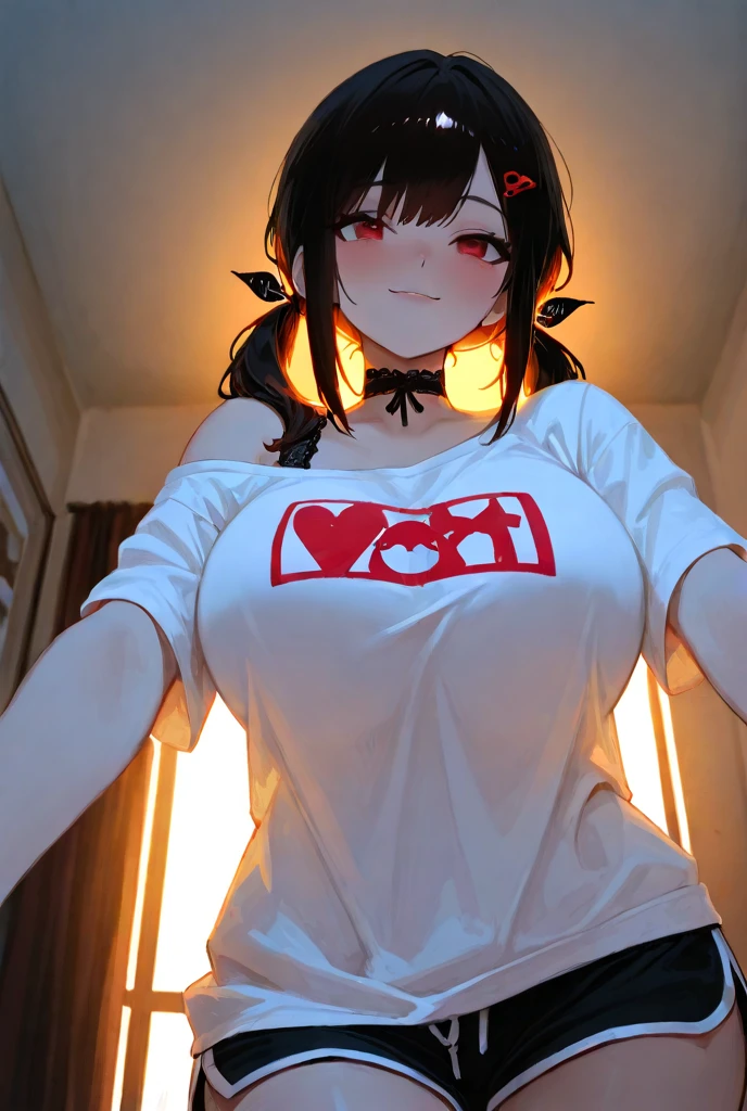 最high quality、Best image quality、masterpiece、girl((18-year-old、 By becoming、Best Bust、Medium Bust,Wide open breast tea、Red glowing eyes,Black Hair、Red Mesh、Disheveled Hair、Lointail、thin,The highest valley、Open chest、Luminous Wristbands、hair ornaments、Show the whole body,Black short sleeve T-shirt、Short denim trousers、Leaning forward、smile、Drum Performance、Performance、sing)),high quality、Beautiful art、background((Large shopping malls,Square))、Flight、Flying debris、Written boundary depth、movie、Visual Arts、Perfect art、8K,Genuine,