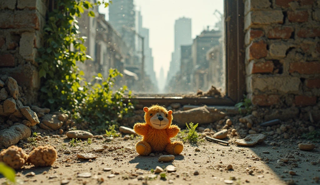 A desolate metropolis ravaged by nuclear devastation lies in ruin as a tiny, golden-haired teenager clutches a worn teddy bear for comfort amidst the rubble. The once-familiar streets now scarred and twisted, a poignant contrast to the tender grasp of youth innocence.