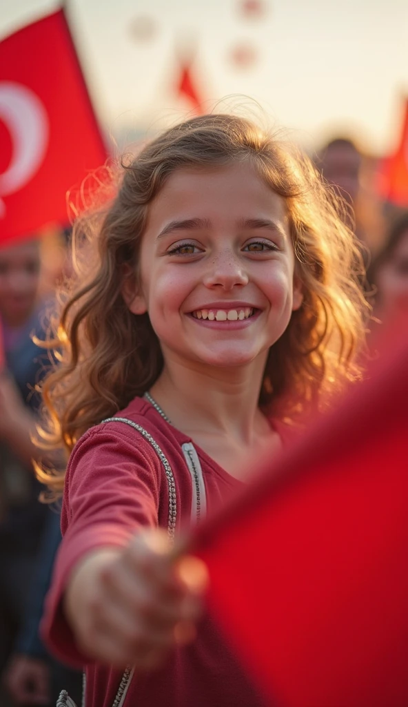 Cute girl,Holding a five-star red flag in his hand,Red flags flutter in the wind,3 years old,cute anddreamy,Show a cute smile,The background is blue sky,looks into camera,The upper part of the body,line sleek,Meticulous,adolable,White and red