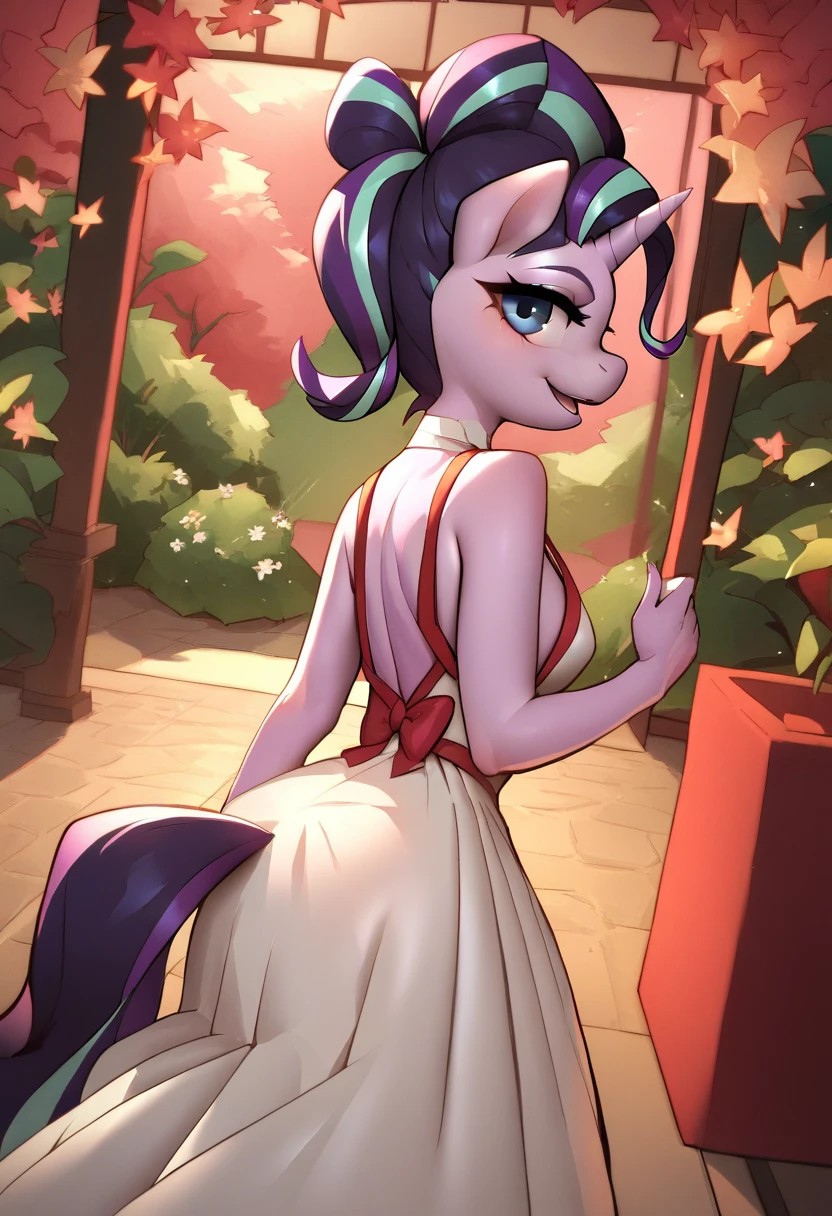 ((my little pony)), solo, ((seductive costume)), beautiful body, ((before sex)), high detailed, 4K, (perky butt), behind view, (short cute dress), beautiful medium-large breasts, (((shining armor))), (all cosmetic), (((beautiful detailed flowers tattoo))), ((dripping)), ((wide big fishnet tights))