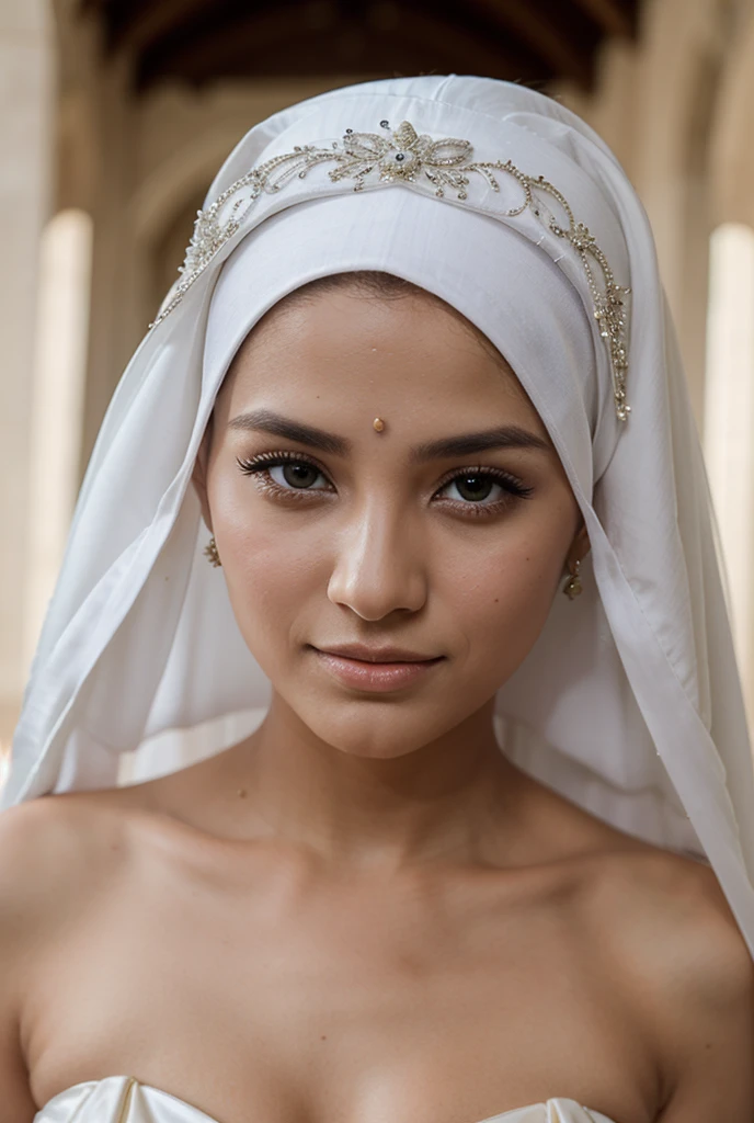 hyper realistic, intricate details, 1 malay young muslim girl, 17 years old, (wearing pasmina hijab), white hijab jilbab, shy, mid shot, upper body, watery eyes ,droopy eyes, ((glowing breast)), medium rounded breast, (open breast), (breast out), naked, arms up, woman in sexy white kebaya , crown on head, makeup, grooming, eyelashes, nsfw, flower garden background, masterpiece, proportional body,