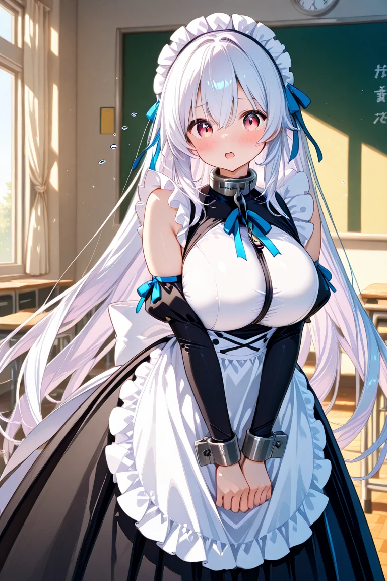(muste piece), (best quality), (score_9, score_8_up, score_7_up), very detailed eyes, expressive eyes, perfect face, very detailed face, highly detailed face, beautiful girl, 8K, beautiful girl, white background, delicate and beautiful face and eyes, dark intense shadow, 1 girl, vtuber style, cool girl, vtuber,Minato_Aqua, twintails, drill hair, multi color hair, Color Inner Hair, maid headdress, cleavage, short sleeves, blue bow, wrist cuffs, big chest, cleavage, sitting, sit on throne, knees together feet apart, hands on knees, shy, embarrassed, (full body),