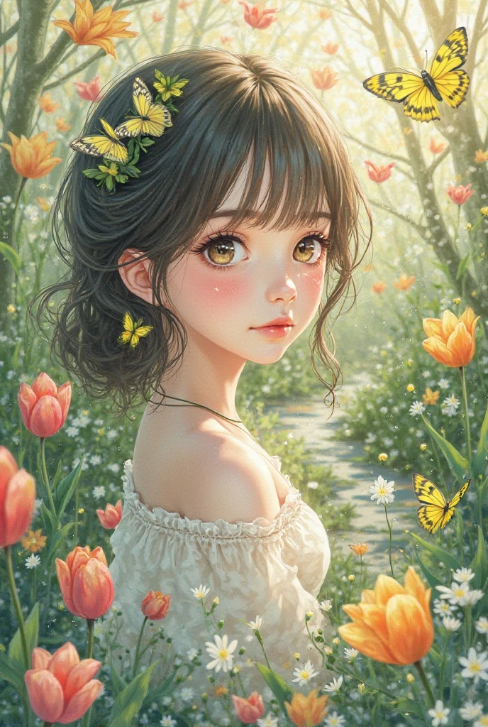 um close up de uma pessoa sentada em um campo de flores, sentado em um campo de flores, menina sentada em um campo de flores, sentado com flores, menina em um campo de flores, menina nas flores, em um campo de flores, menina anime girassol bonita, em um campo com flores, menina em um leito de flores, com flores amarelas ao redor