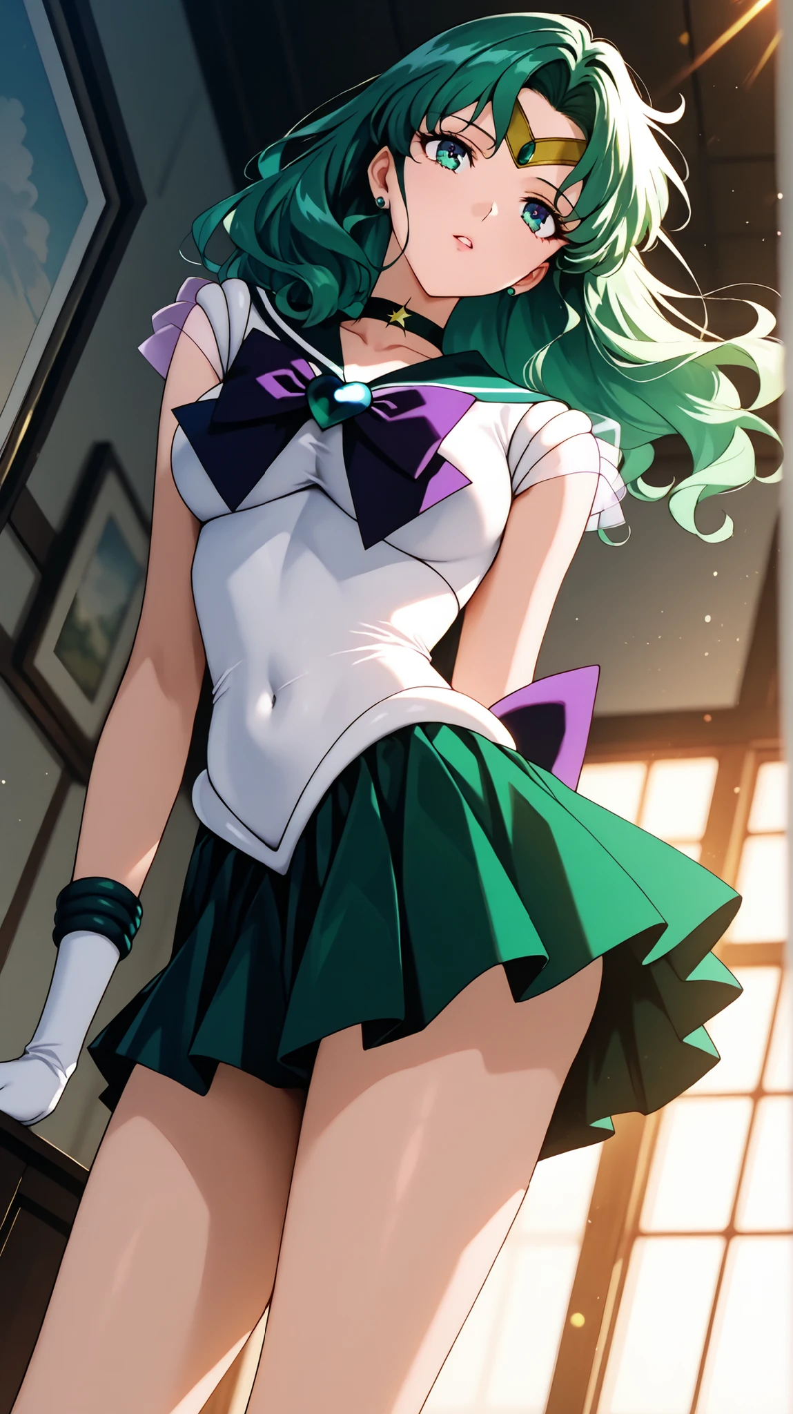 masterpiece, best quality, GREAT QUALITY, very aesthetic, high resolution, Ultra Detailed, Absard Dress, newest, 1 female, solo, sailor Neptune, (sailor Neptune costumes), chest, Butt, Thighs, deep, forward leaning posture, viewers, parted lips, green hair,  (mottled sunlight:1.2),  rimlight,  Dutch angle, Portrait, face focus, head focus, close-up, emphasizes high quality fabrics, lips, photorealistic details, detailed eyes,  detail hair , detailed face, depth of field, Volume Lighting,score_9, score_8_up, score_7_up, score_6_up, score_5_up, score_4_up,  digital illustration ,  anime style 、masterpiece, best quality, GREAT QUALITY, high resolution,  very aesthetic, high resolution, Super Detail, Perfect Details, official art、Mature Woman