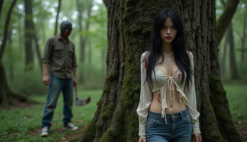 ultra realistic, photography, long black straight hair, elegant hair, (30 years old, hazel eyes, hourglass figure, perfect fit body, natural big breasts), femme fatale, she is wearing a very ripped and torn blouse with a plunging neckline, pushed down over her right shoulder, blood is on her blouse, there are bloodstains on her blue jeans, her sneakers are dirty, she is hiding in the woods, standing behind a big tree, she is leaning against the tree, she looks scared, a guy with a creepy mask and a bloody machete is looking for her, extreme wide angle