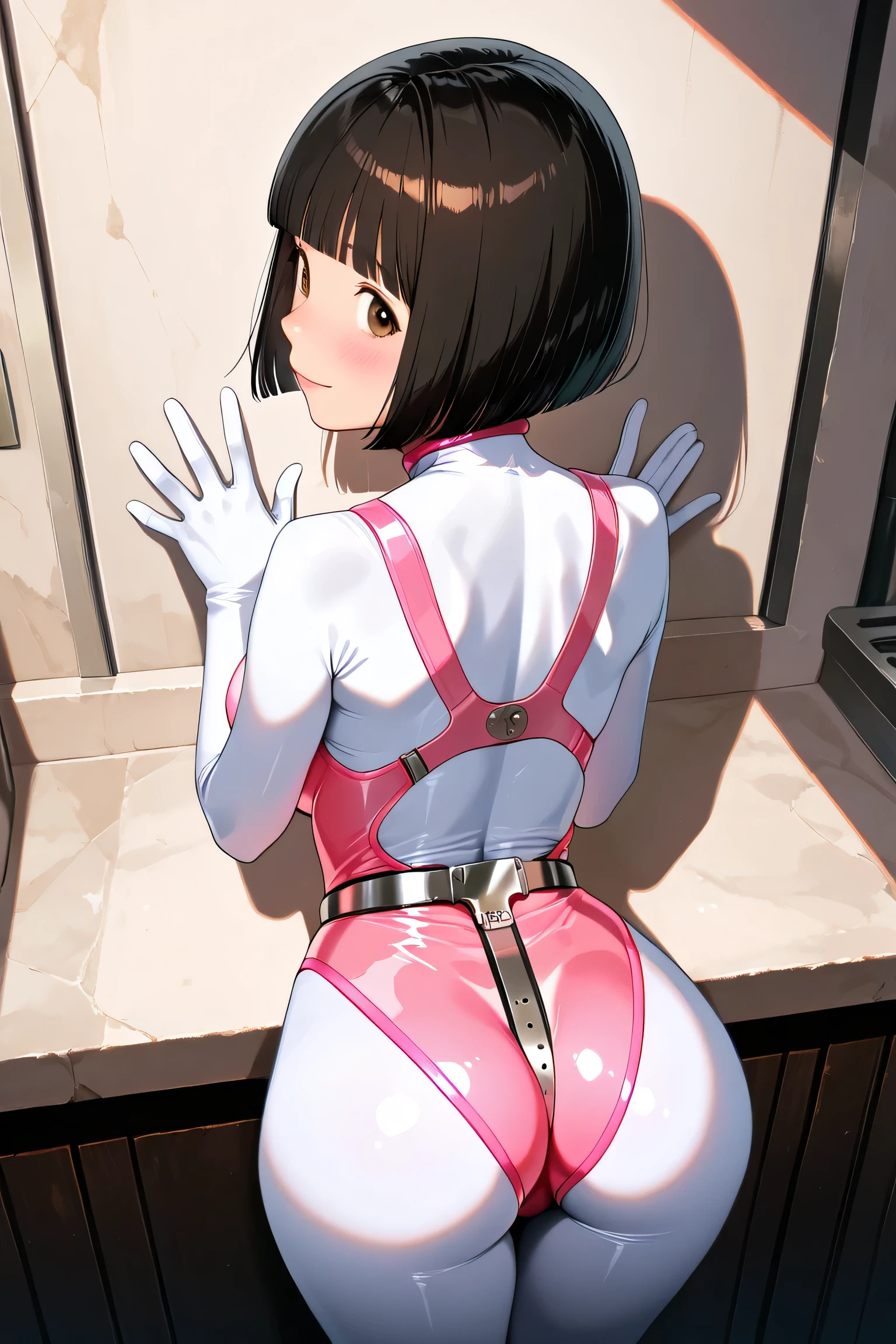 1girl, standing, from behind, from above, arched back, hands up, ass focus, looking back,
BREAK girl, 22yo, short hair, bob cut, (blunt bangs), black hair, (tareme, detailed cute brown eyes),  (large breasts:0.8), 
shiny hair, beautiful detailed eyes, beautiful face, 
white bodysuit, pink latex leotard, blush, light smile, 
cinematic lighting,
masterpiece, best quality, amazing quality, very aesthetic, absurdres, newest, (realistic:1.3), general, chastity belt, metal hoop around asshole, pink liner,
