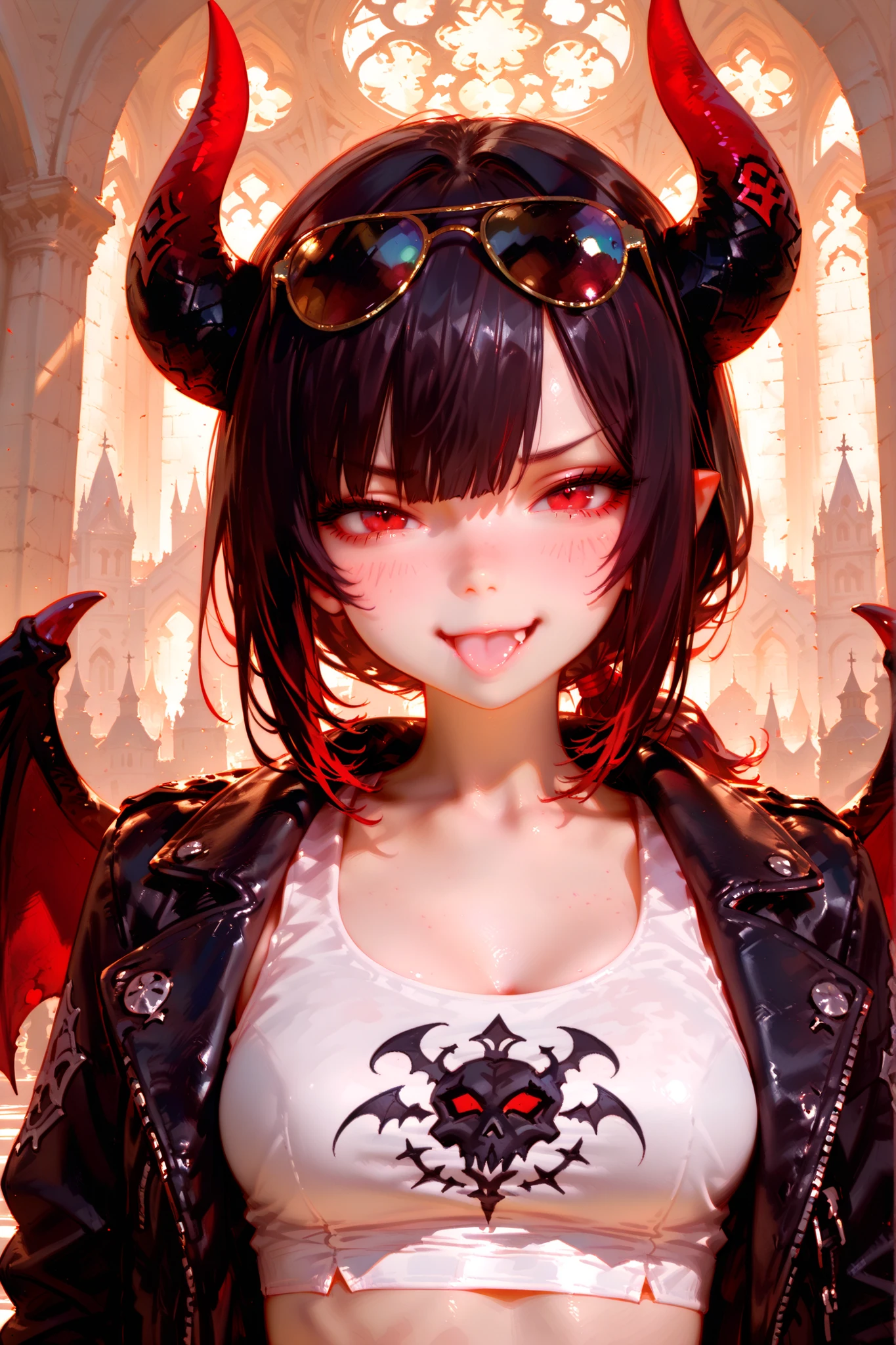 Sonrisa desagradable de una chica que ama el cuchillo.  (junkotvv pelo negro con flequillo, orejas de gato, ojos rojos),、((Psychopathic Horror)), Pelo negro, labios grandes, sangre en la cara, ((sosteniendo el cuchillo)), labios jugosos, tetas grandes, sosteniendo el cuchillo by the handle, cuerpo completo, ojos rojos pelo largo