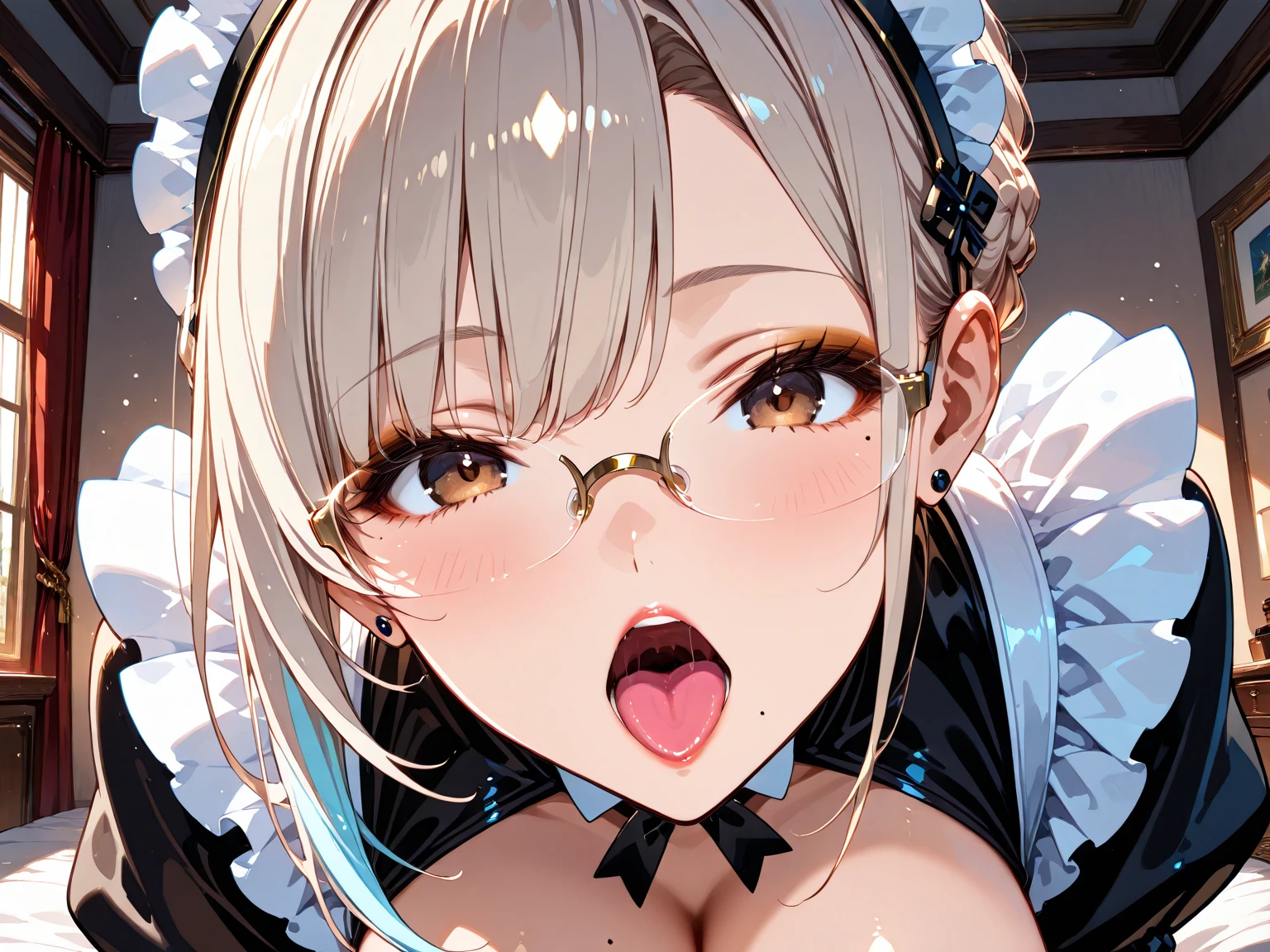 (Maid:1.5),(best quality,Extremely detailed,high resolution:1.2),beautiful girl,Exquisite makeup and perfect face, Long eyelashes, Detailed eyes and lips, A bright smile,Shiny Hair,(The cutest girl in the world:1.5),Exquisite makeup,Glasses